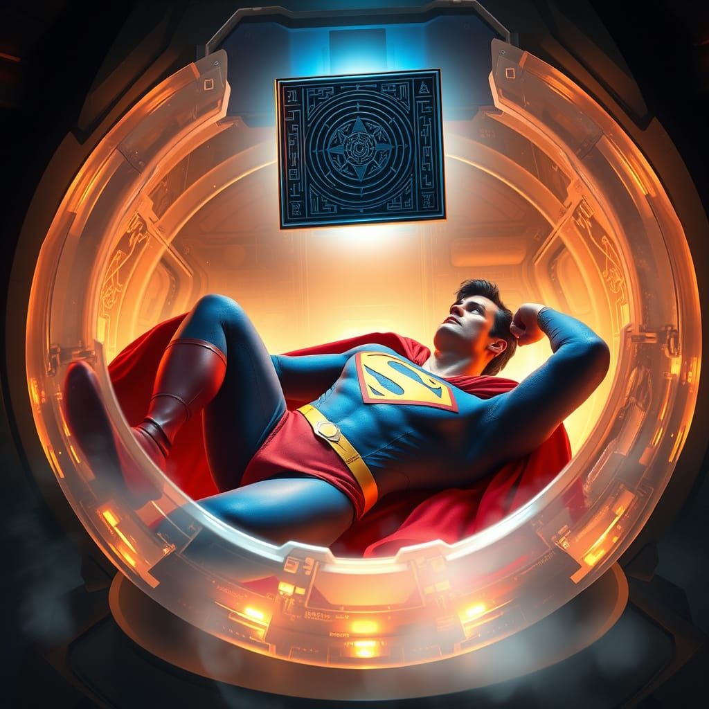 Serenely Regenerating Kryptonian Hero in Futuristic Chamber