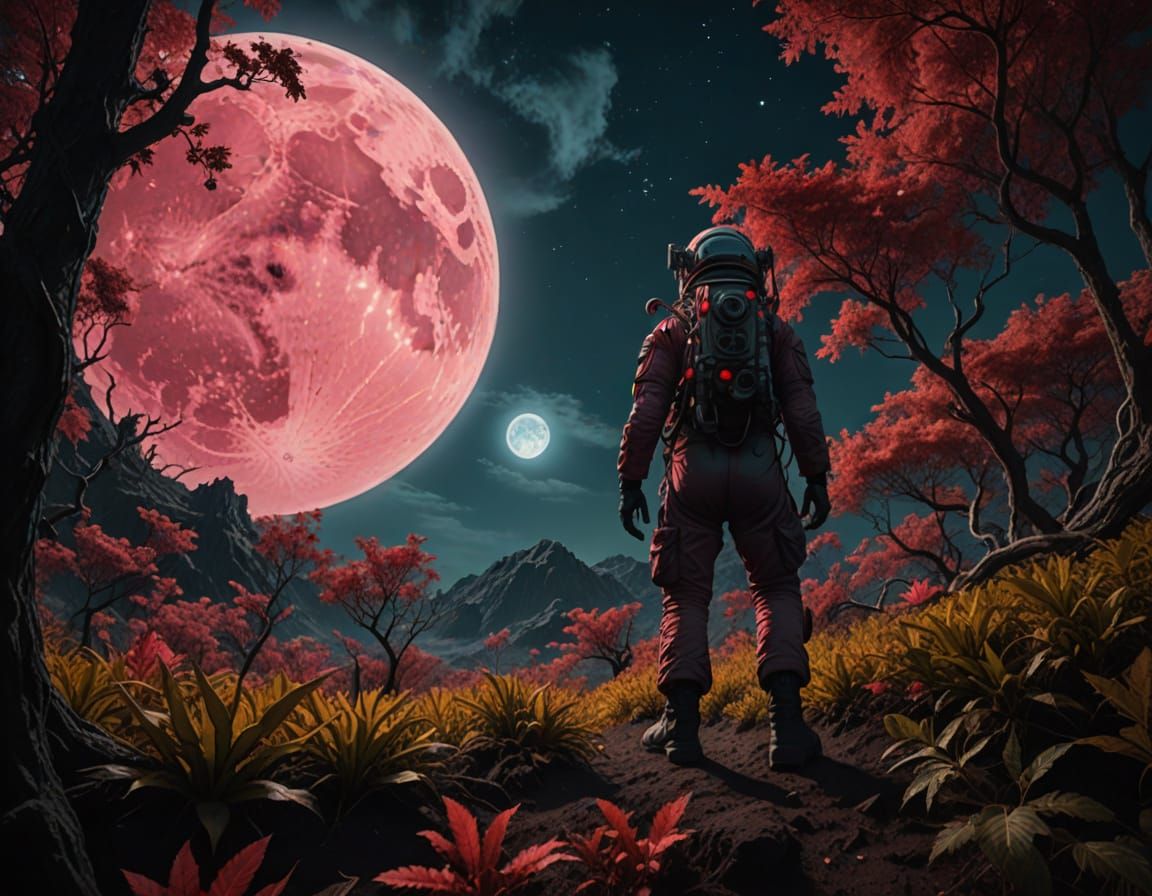 Astronaut on Alien Planet Gazing at Red Moon