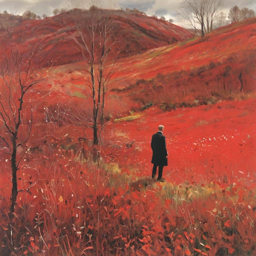 Abstract Red Landscape in Oil Painting Style