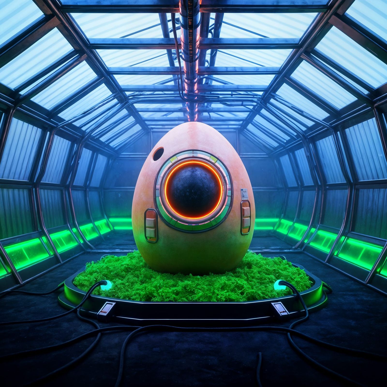 Biopunk Egg in Cyberpunk Bioluminescent Greenhouse