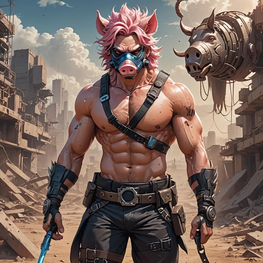 Futuristic Pig Masked Man in Wasteland, Anime Style
