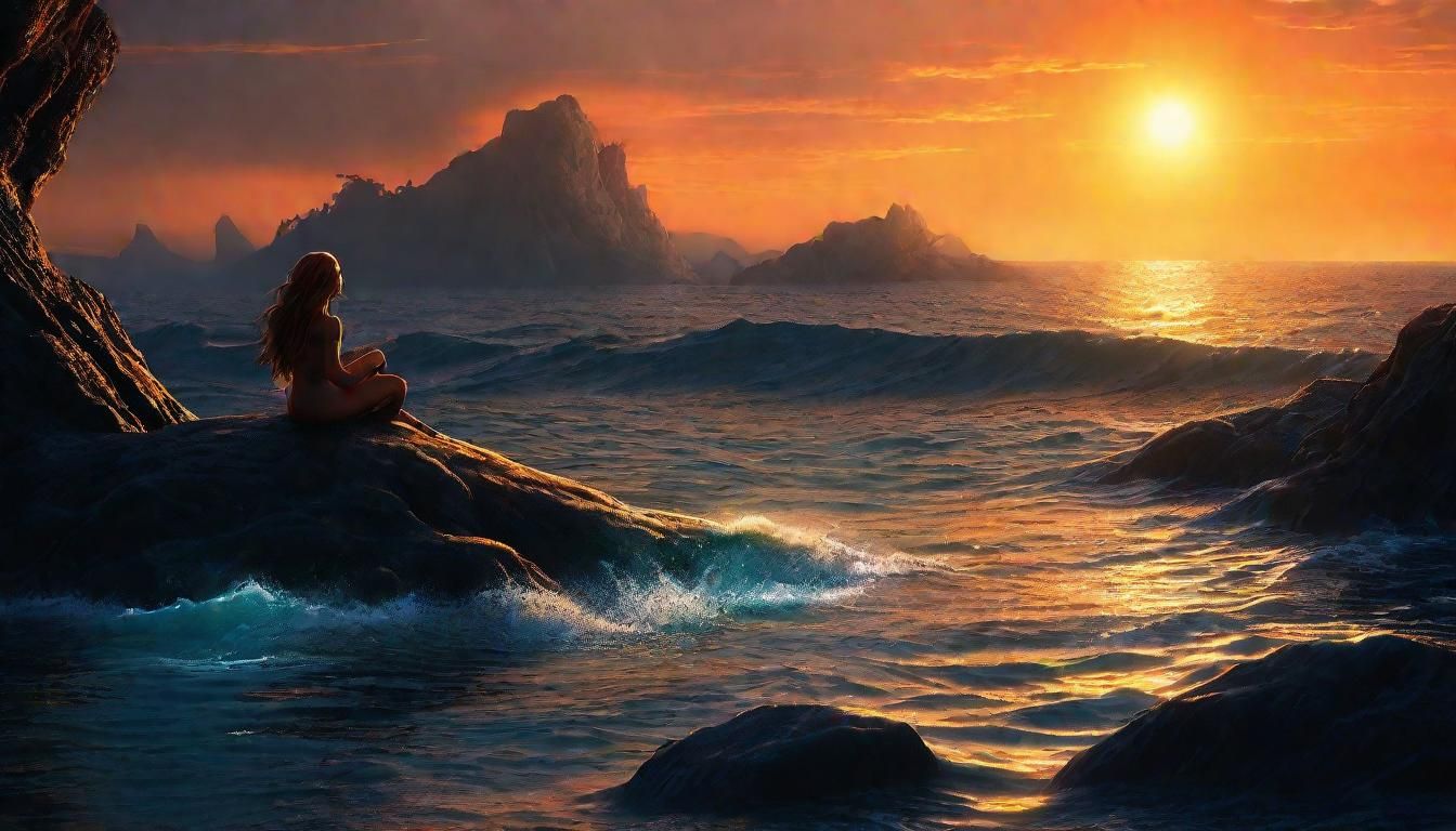 Mermaid Watching Sunset with Dolphins