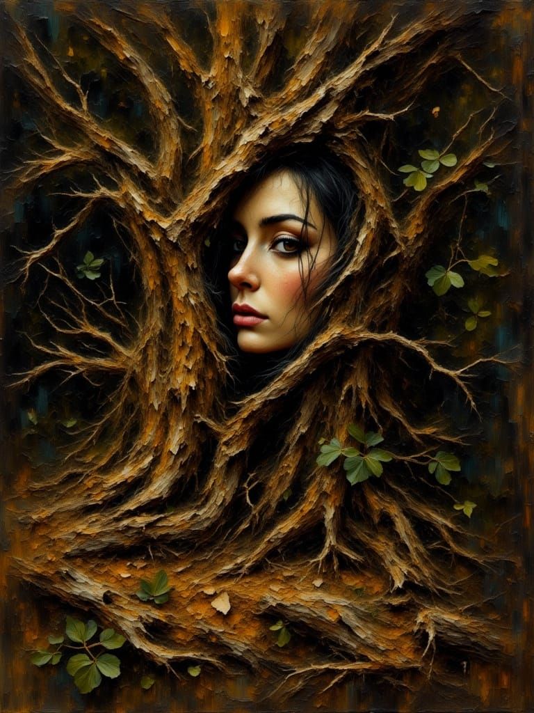 Surreal Woman's Face Emerges From Gnarled Tree Bark