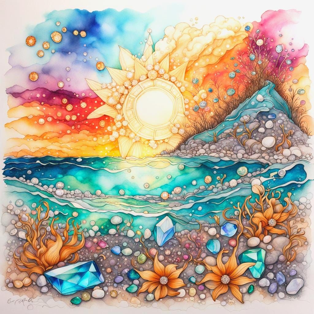 Ethereal Ocean Scene with Iridescent Gemstones and Tourmalin...