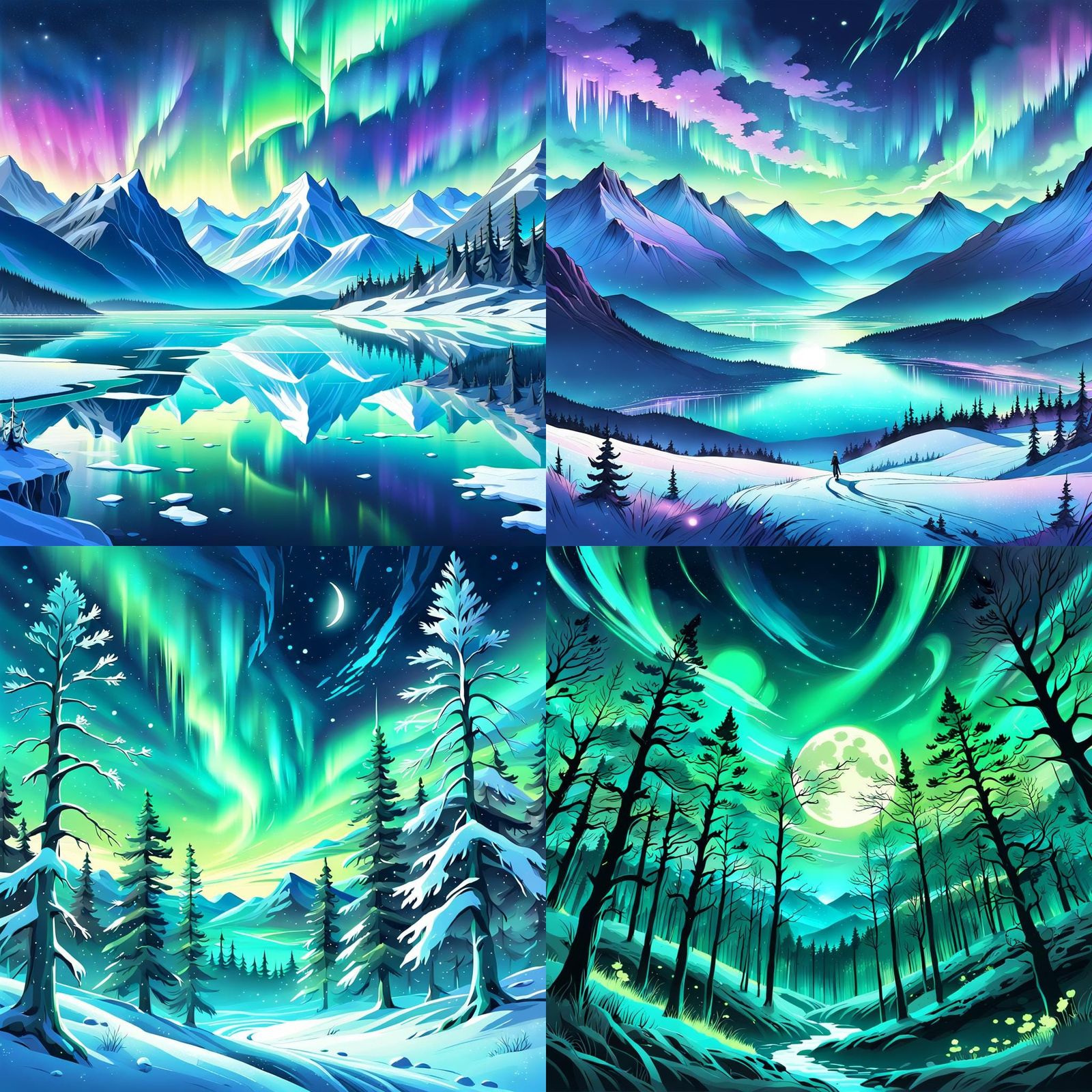 Aurora Borealis and Full Moon in Anime Style