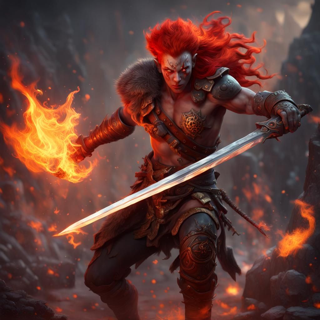 Fire Genasi Barbarian with Fiery Longsword