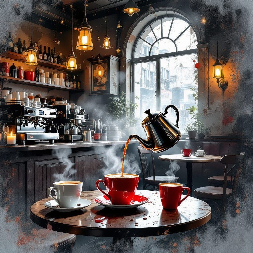 Enchanted Cafe with Floating Candles and Magic Coffee