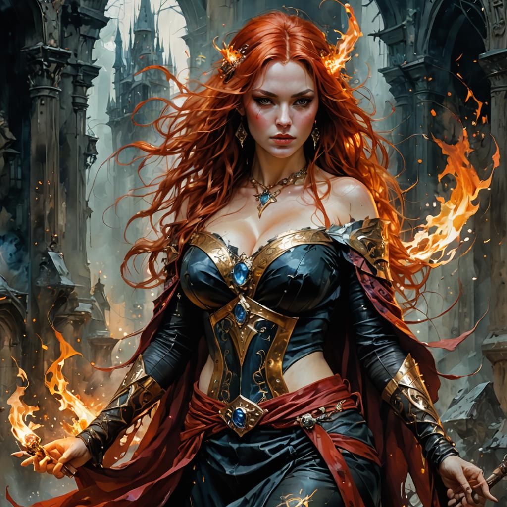 Stunning Sorceress Casting Enchantments in Fantasy Painting