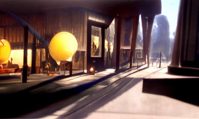 1900 empty city street with ghost-streaks from people walking around, street lamps, store fassades, liminal space, polar...