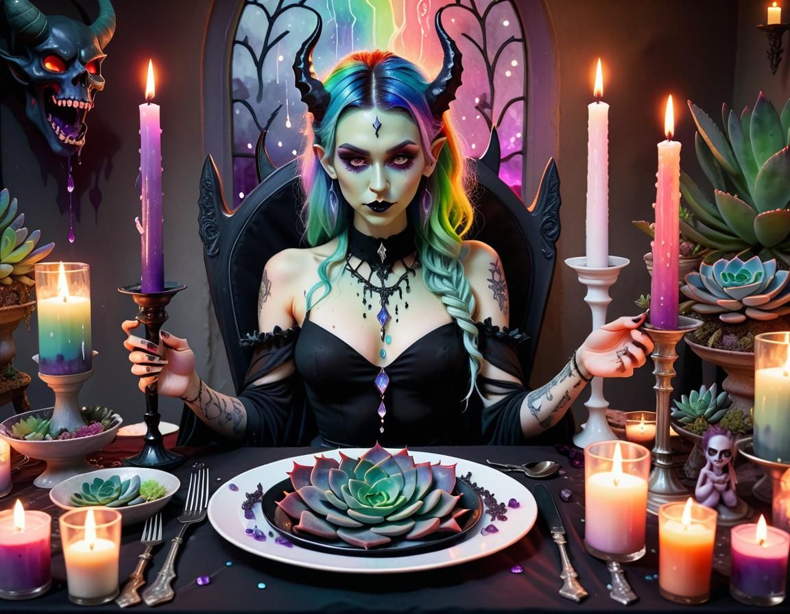 Elegant Demon's Candlelit Dinner in Watercolour Style