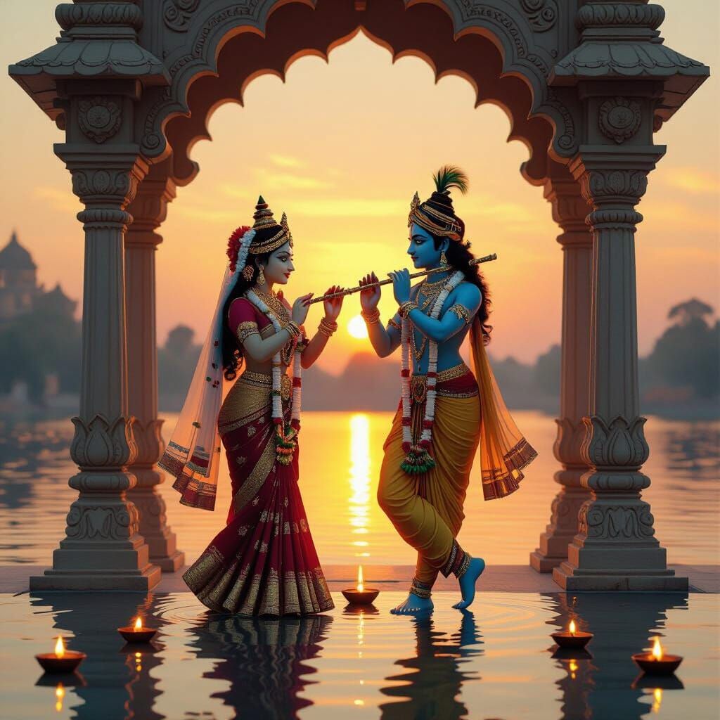 Radha Krishna Dance Silhouette at Sunset in Realistic Style