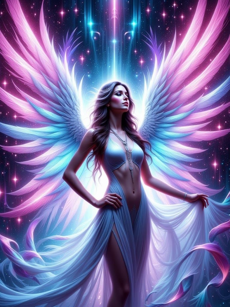 Modern Angel Dancing in Neon Lights