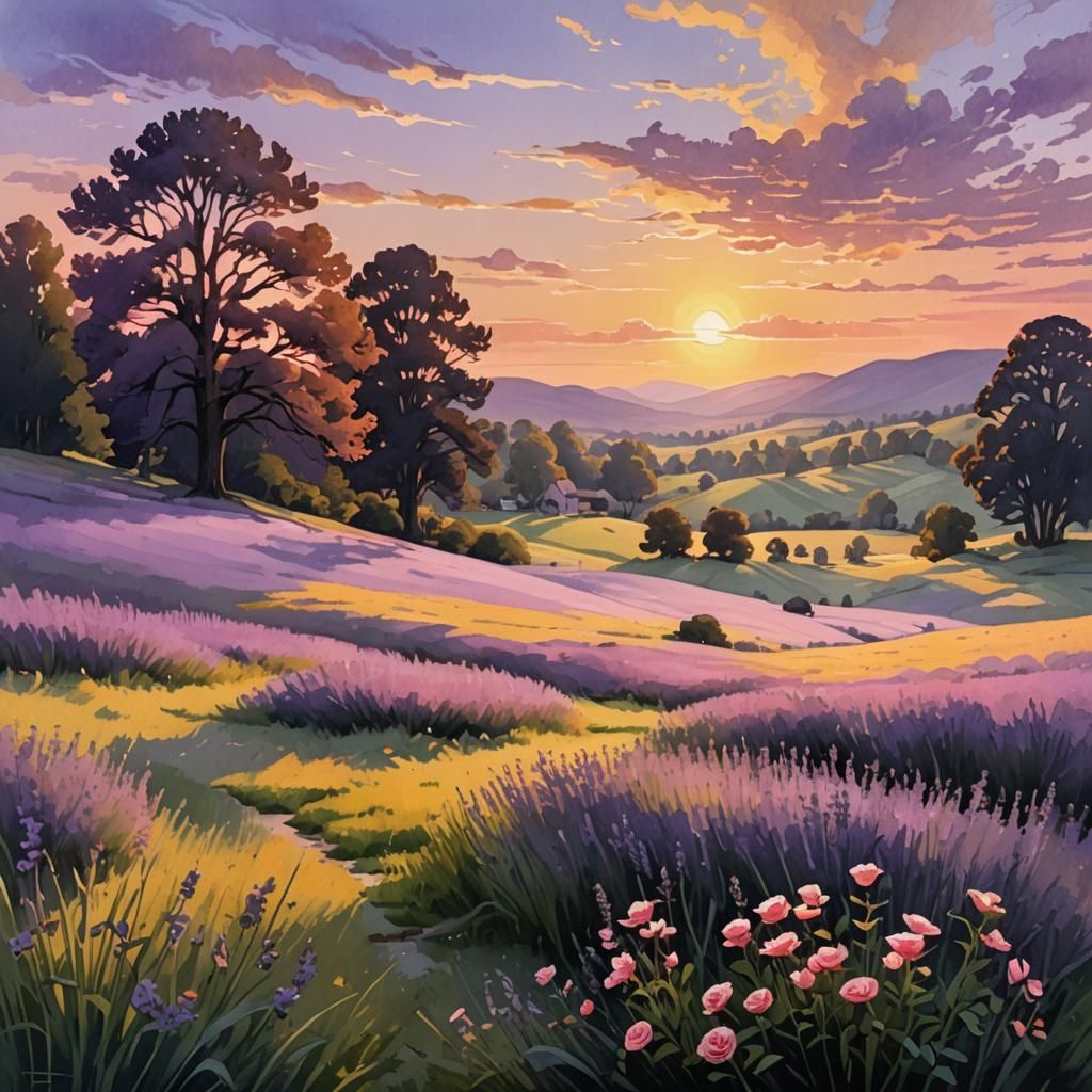Sunset Meadow: Gouache Style Impressionist Painting