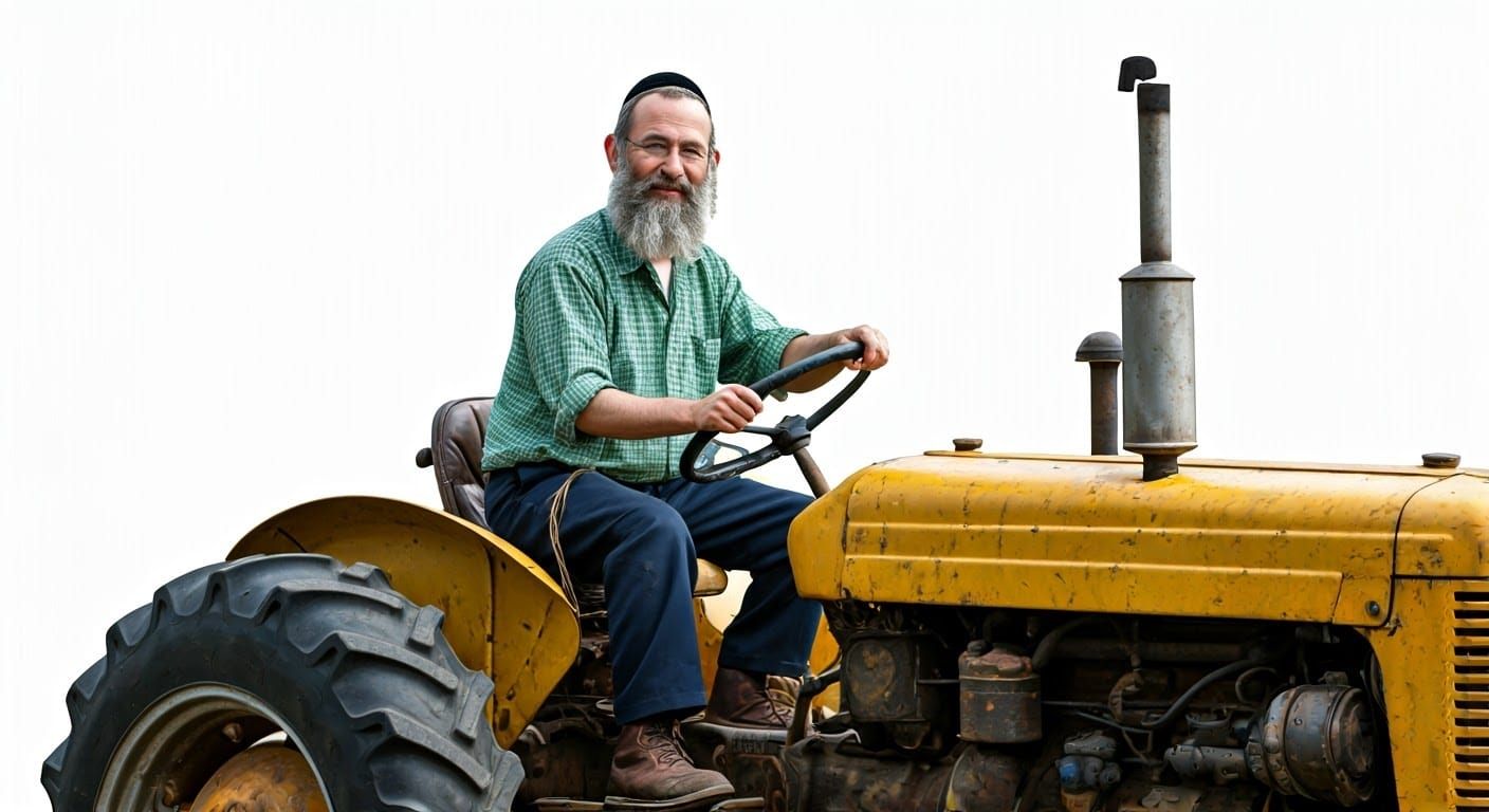 Hassidic Man Drives Tractor: Photorealistic Digital Art