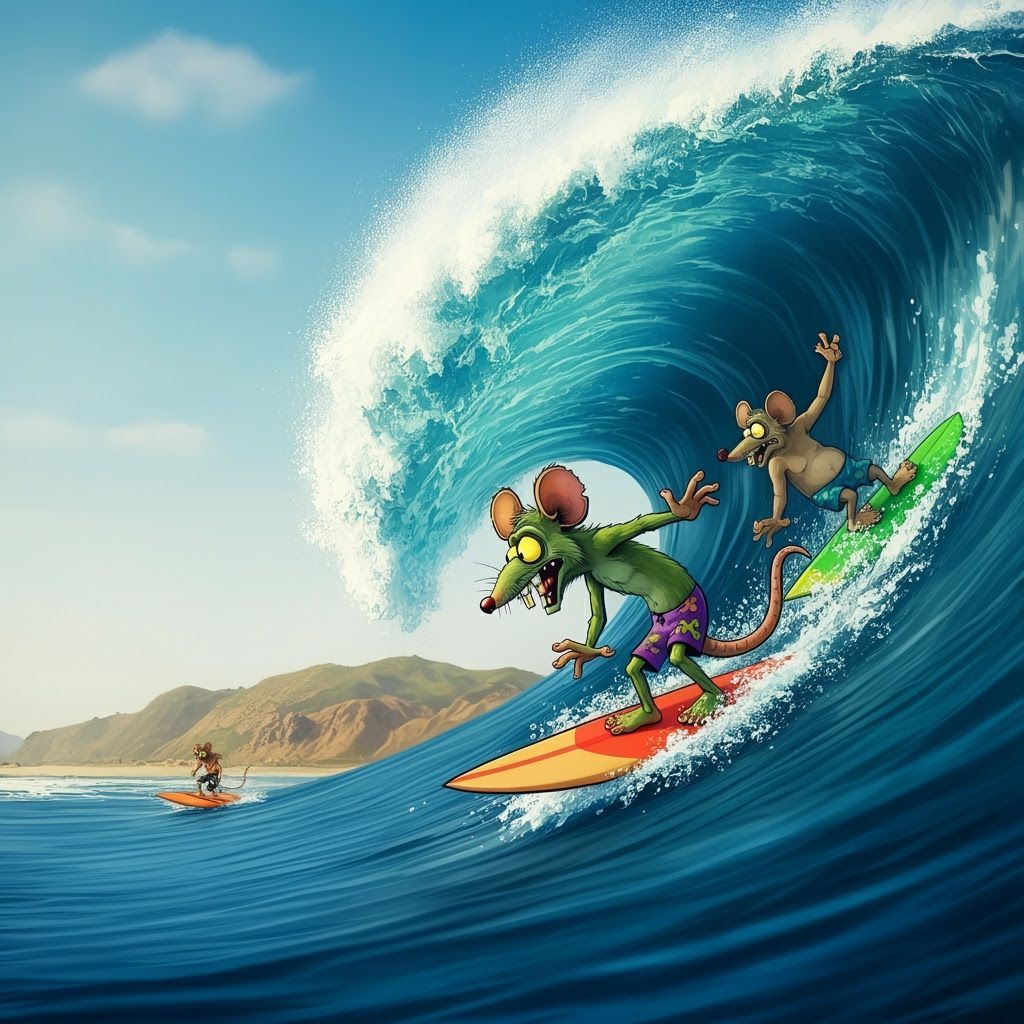 Ratfink Surfing a Wave in Cartoon Style