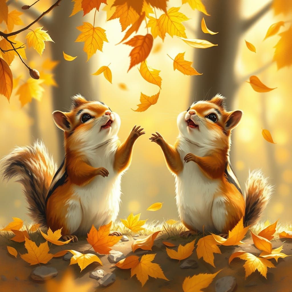 Chipmunks Joyfully Toss Autumn Leaves in Painterly Style