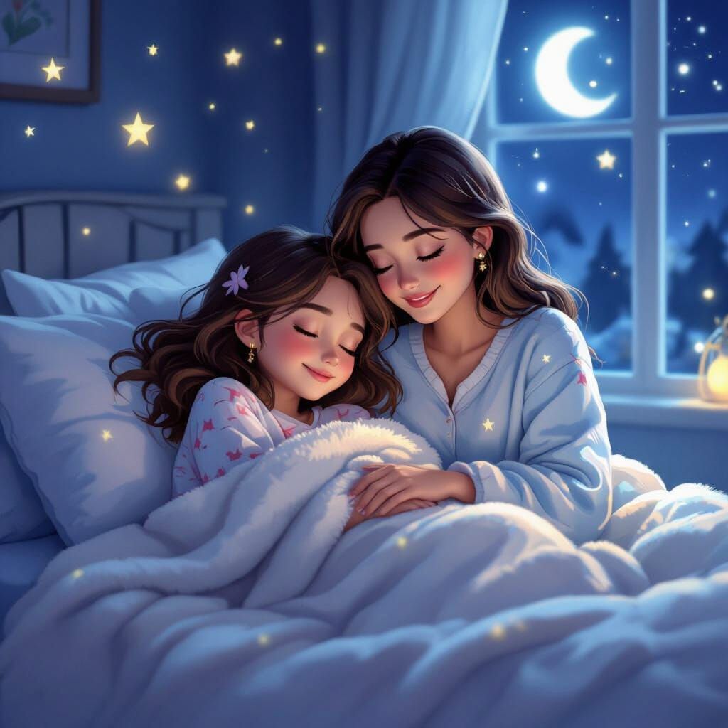 Cozy Anime-Style Night Scene with Mother and Daughter