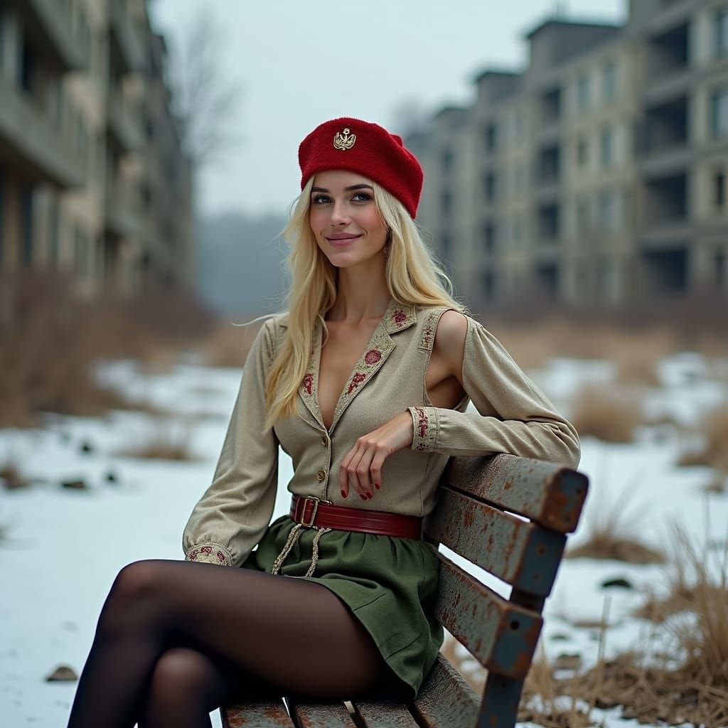 Russian Woman in Soviet Costume in Chernobyl Ruins