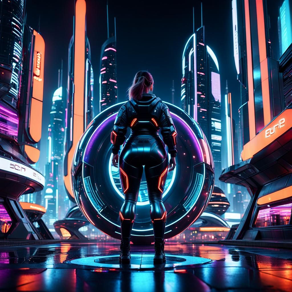 Sci-Fi Pregnant Woman in Neon Cityscape
