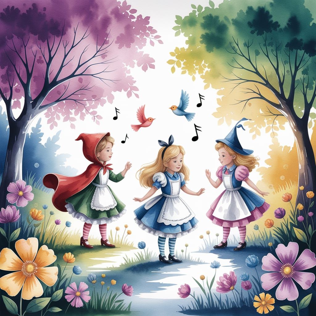 Whimsical Kidcore Watercolor of Fairy Tale Characters