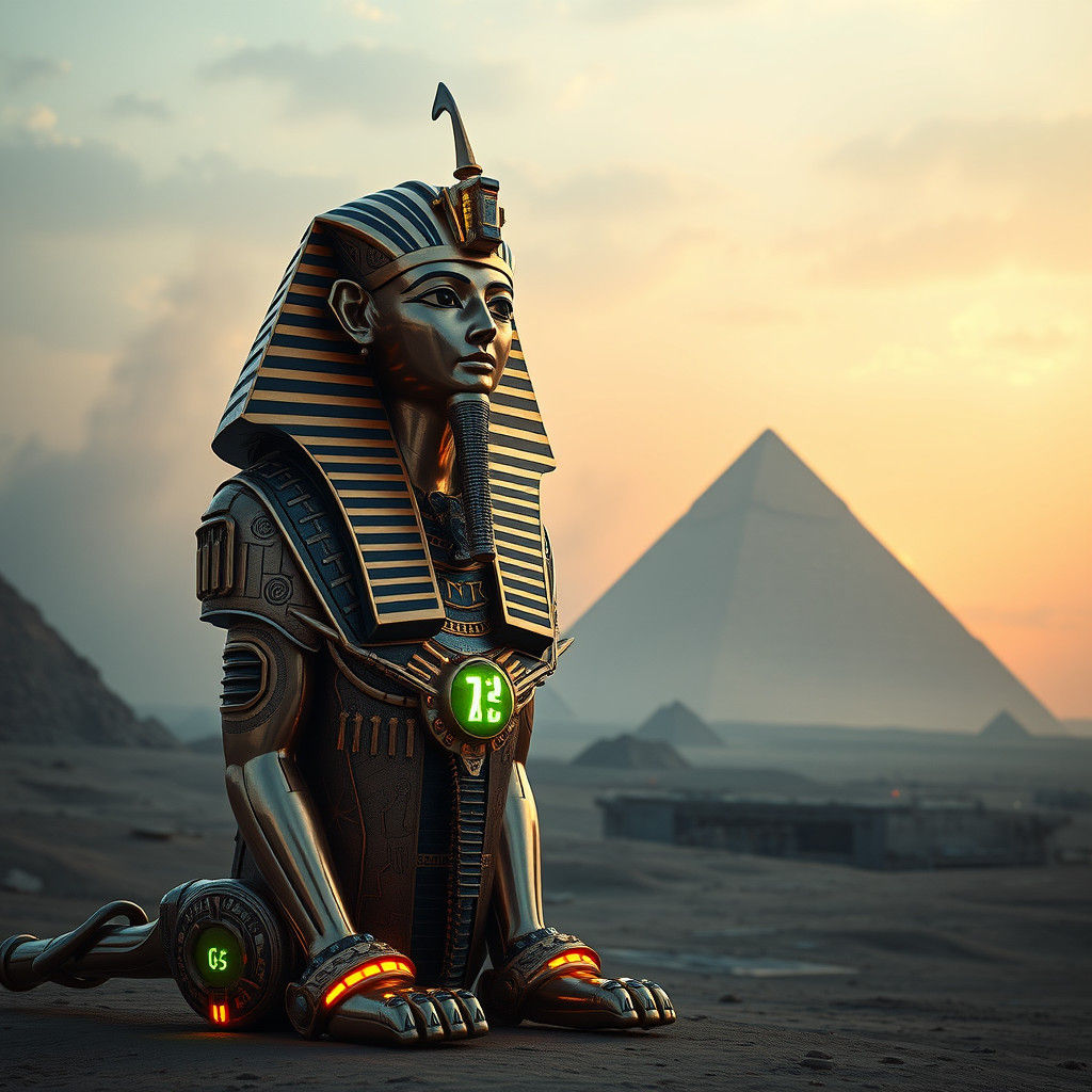 Cyberpunk Pharaoh Khufu on Futuristic Giza Plateau