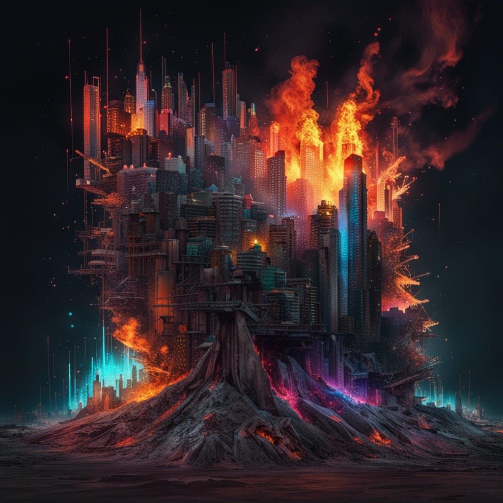 Burning Post-Apocalyptic Glitch Art Landscape