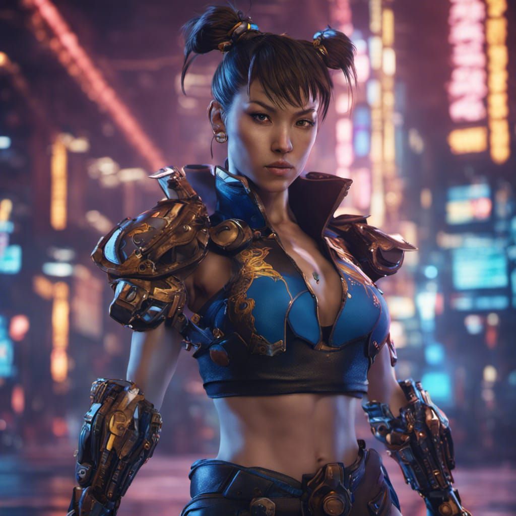 Chun Li in Cyberpunk Outfit, Detailed Digital Art