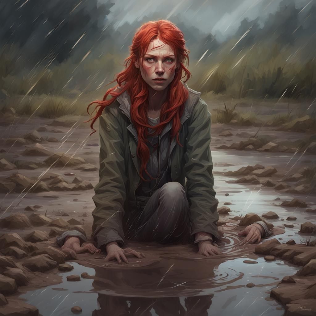 Red-Haired Woman Covered in Mud, Hyperdetailed Splash Art
