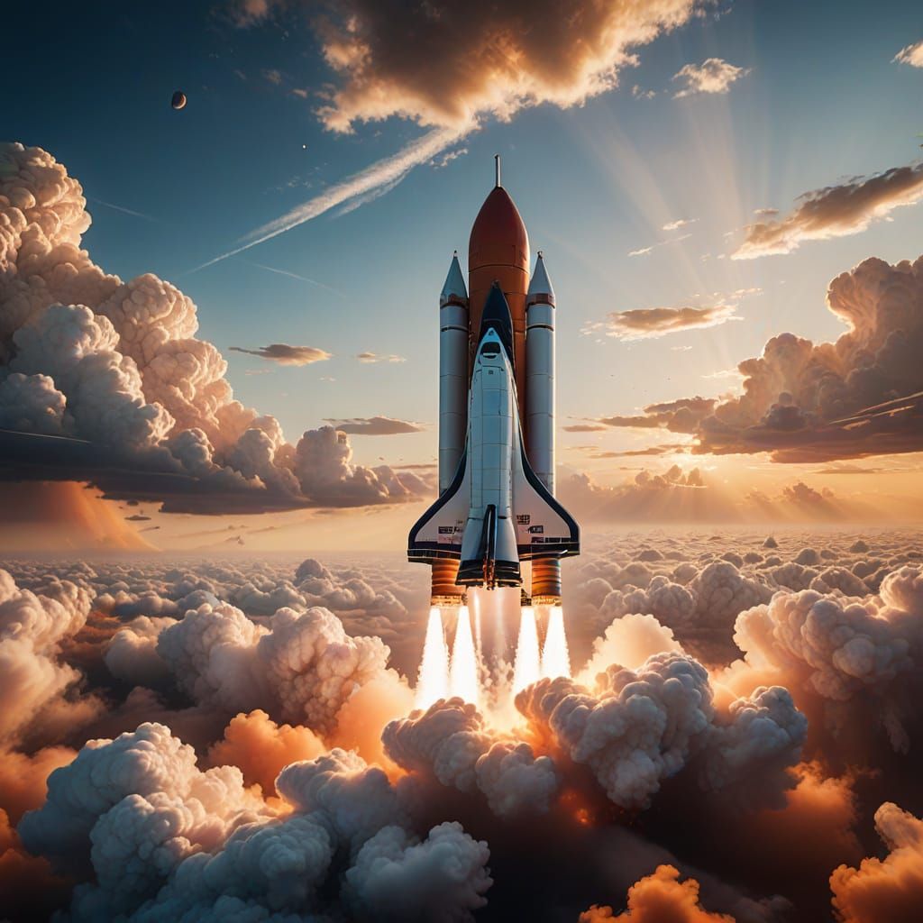 Majestic Rocket Ship Ascends Through Heavenly Clouds in Gold...