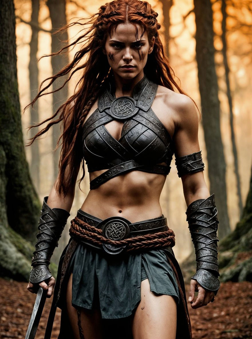 Fearless Female Barbarian Warrior in Dark Woods