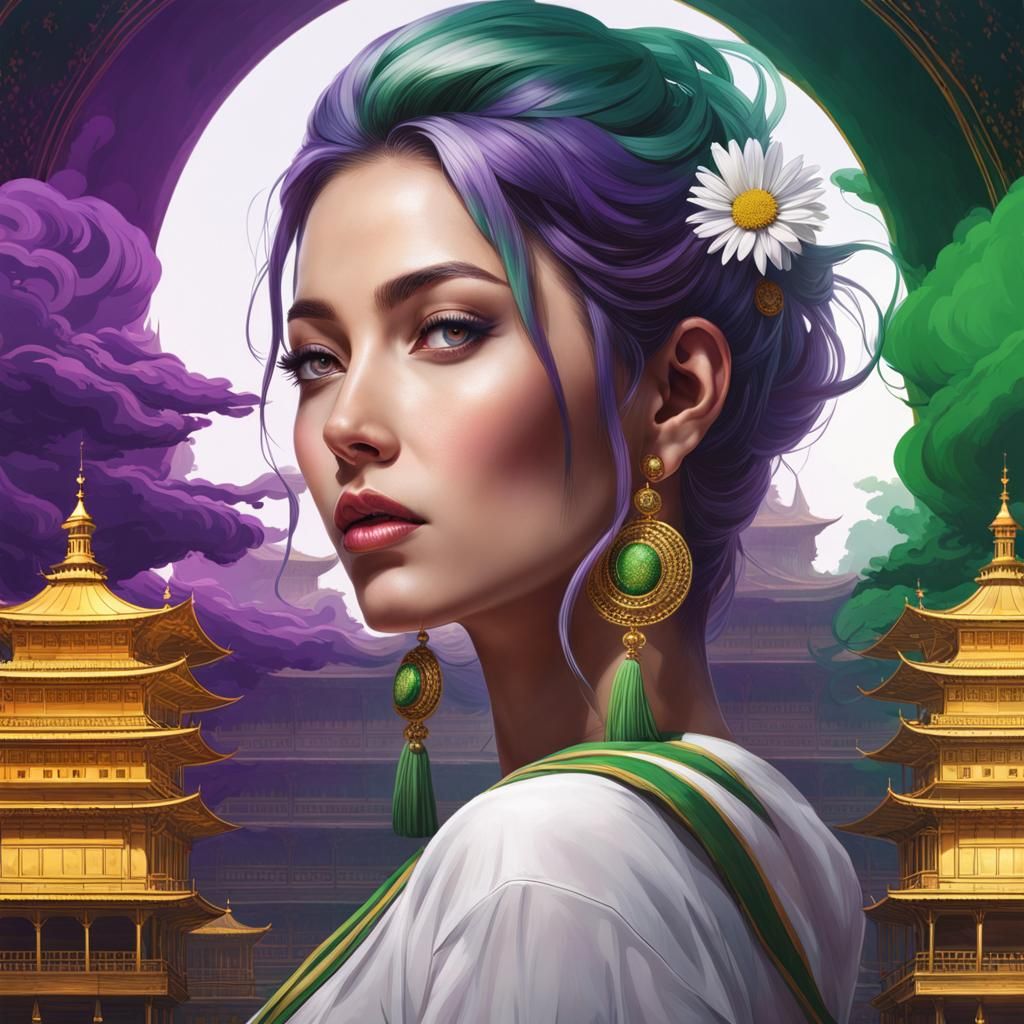 Woman in Golden Temple with Ink Cloud Reflection