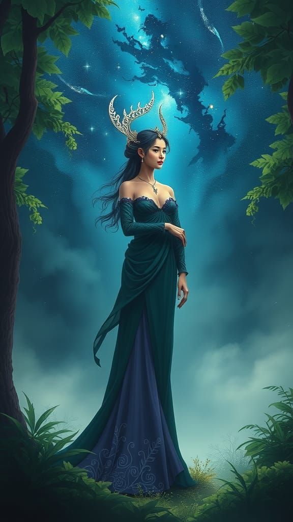 Goddess of Wealth in Lush Forest, Modern Ink Painting