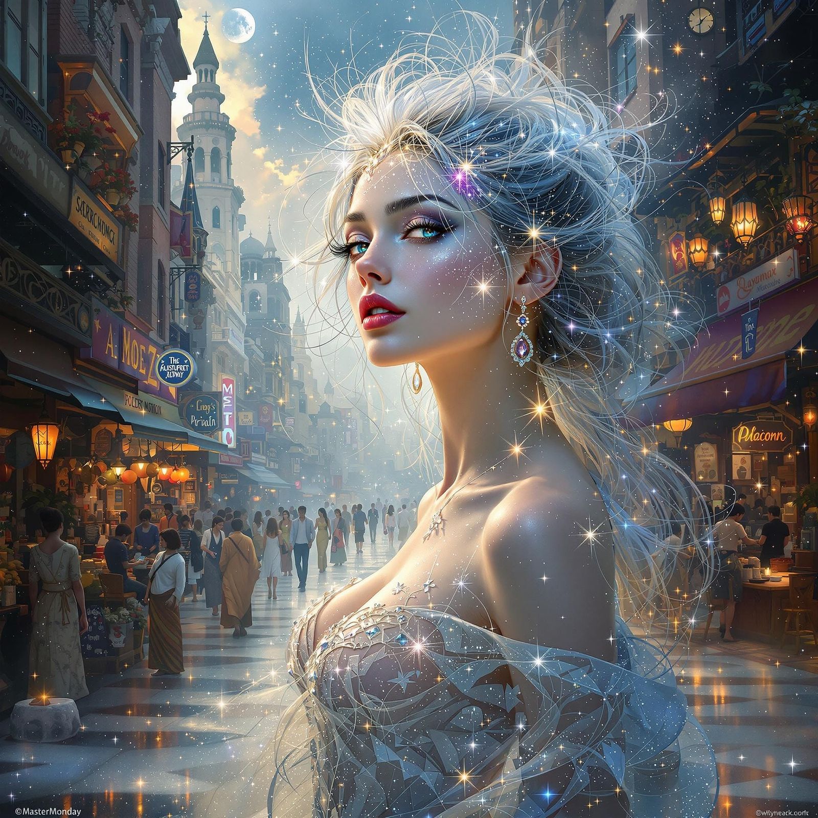 Ethereal Starlight Woman in Bustling Marketplace