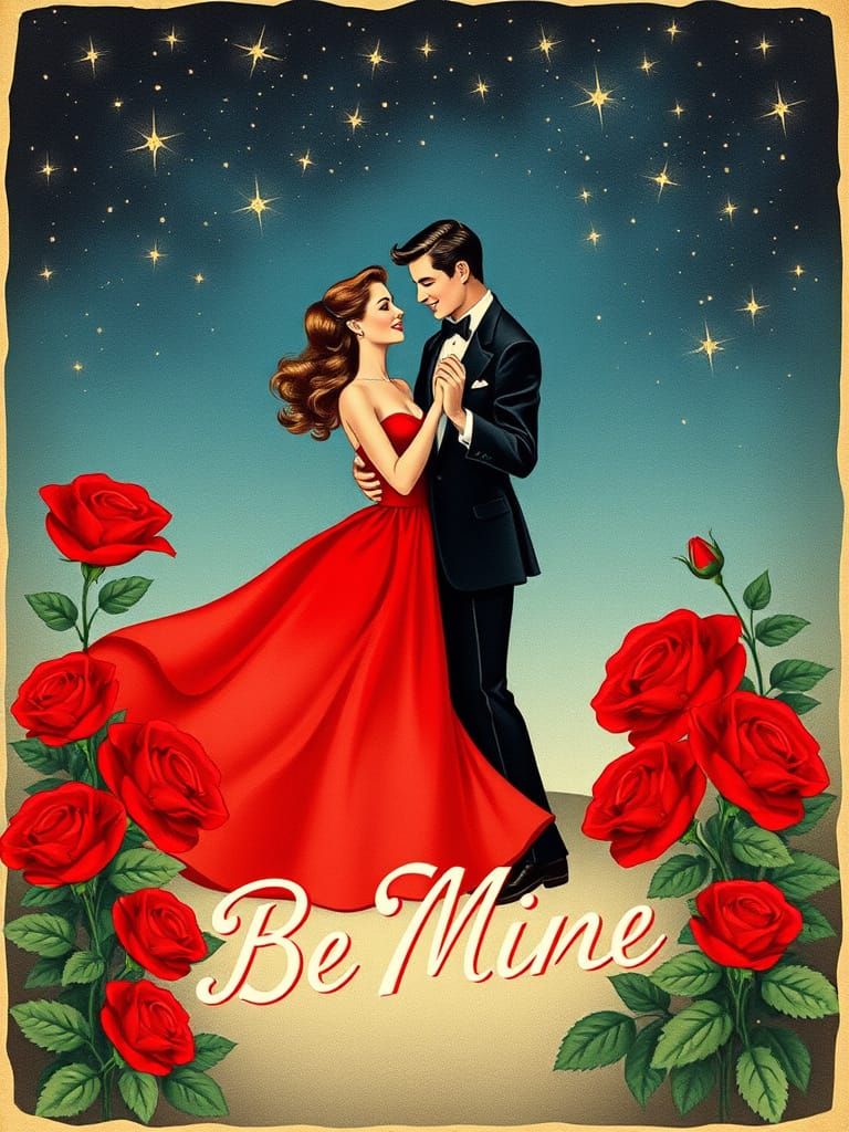 Retro Valentine's Day Couple Dancing Under Stars