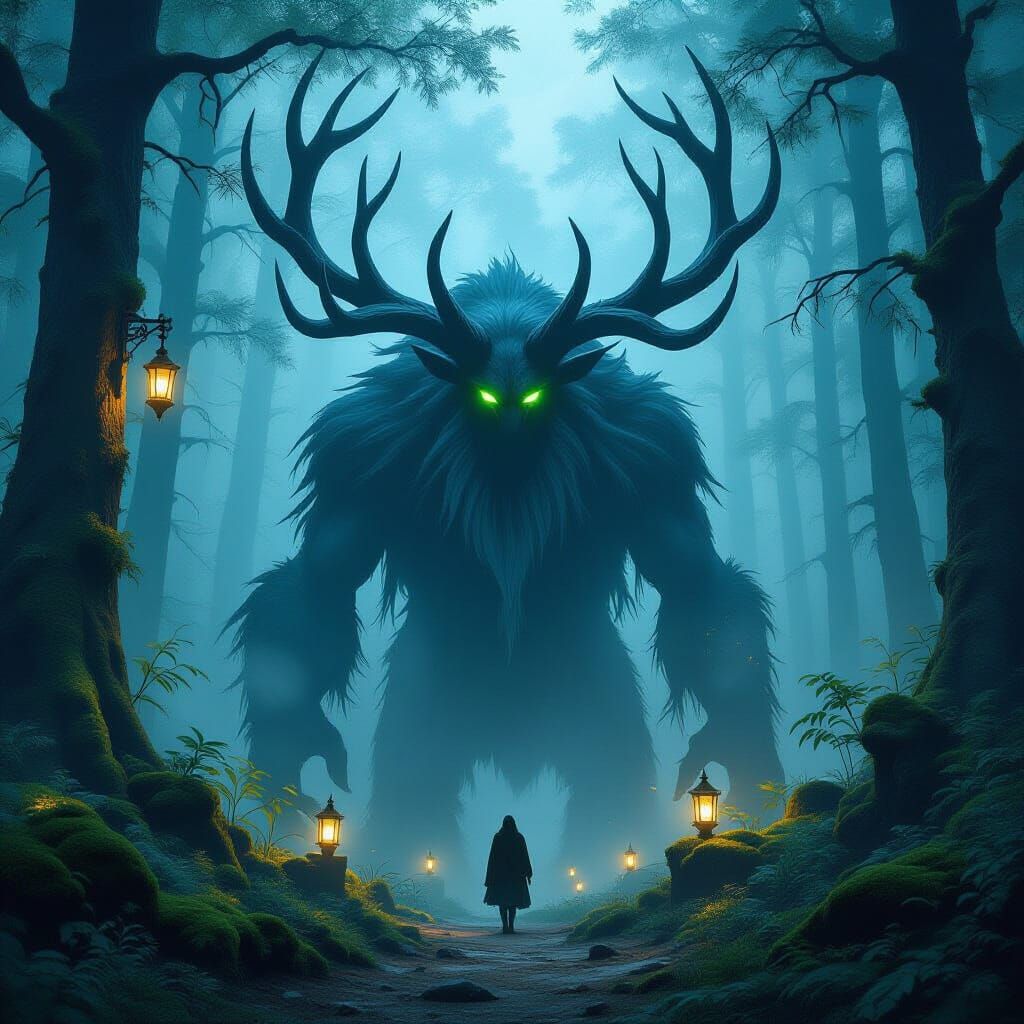 Antlered Giant Lights Lanterns in Mystical Forest