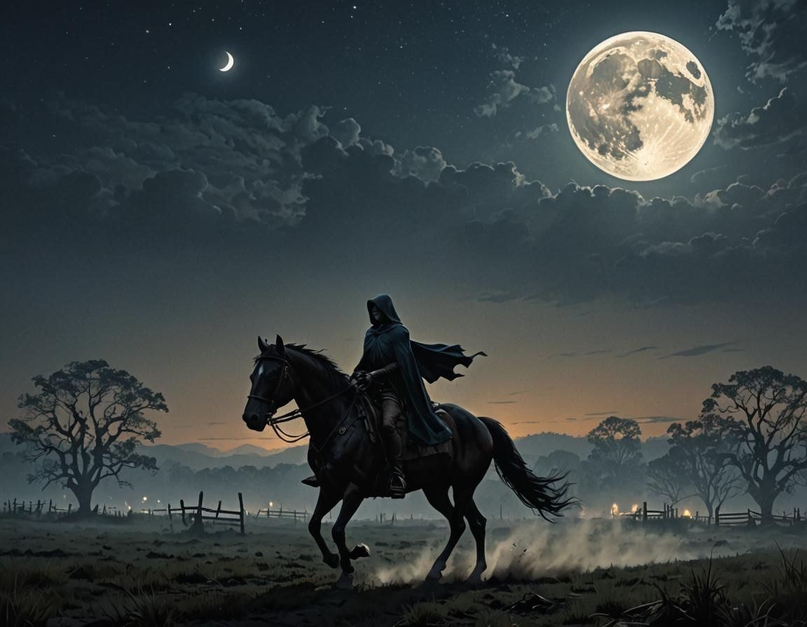 Ethereal Silhouette: Caped Rider Under Gibbous Moon