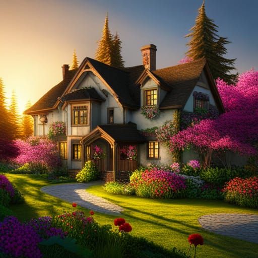 Idyllic Sunset Cottage in Lush Floral Landscape