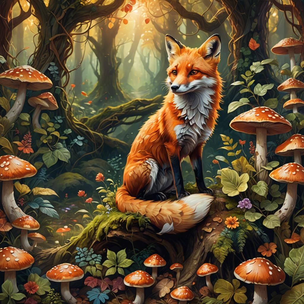 Happy Red Fox in Mystical Forest Oil Painting