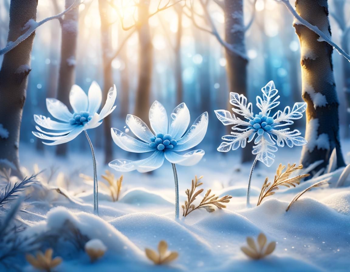 Magical White and Blue Flowers in Winter Forest