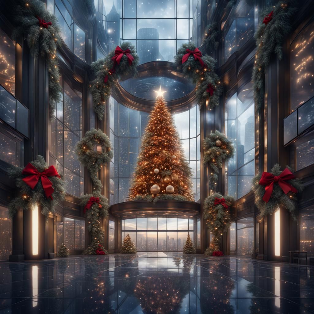 Christmas Decoration in Glass Skyscraper: Fantasy Concept Ar...