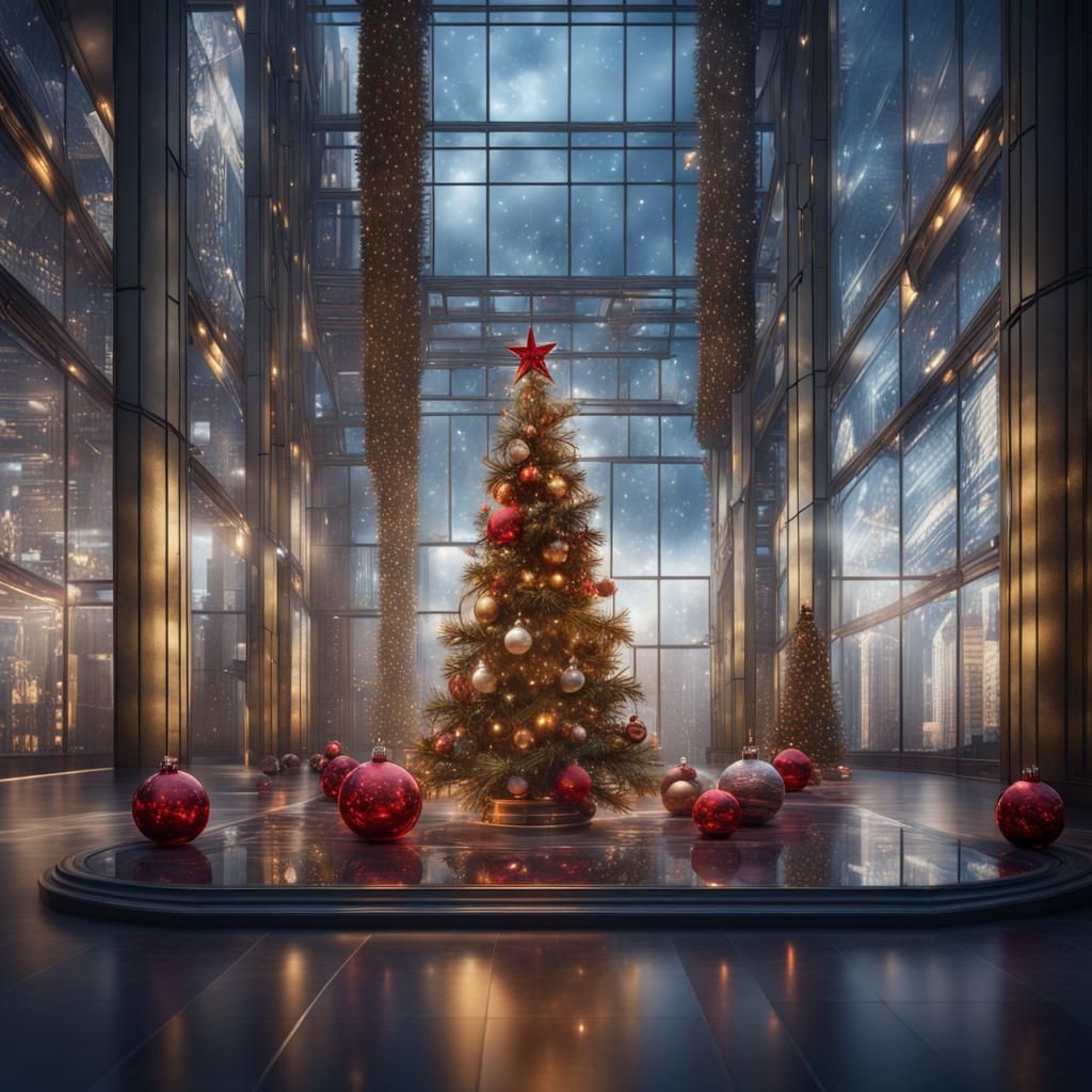 Christmas Decoration in Glass Skyscraper: Fantasy Concept Ar...