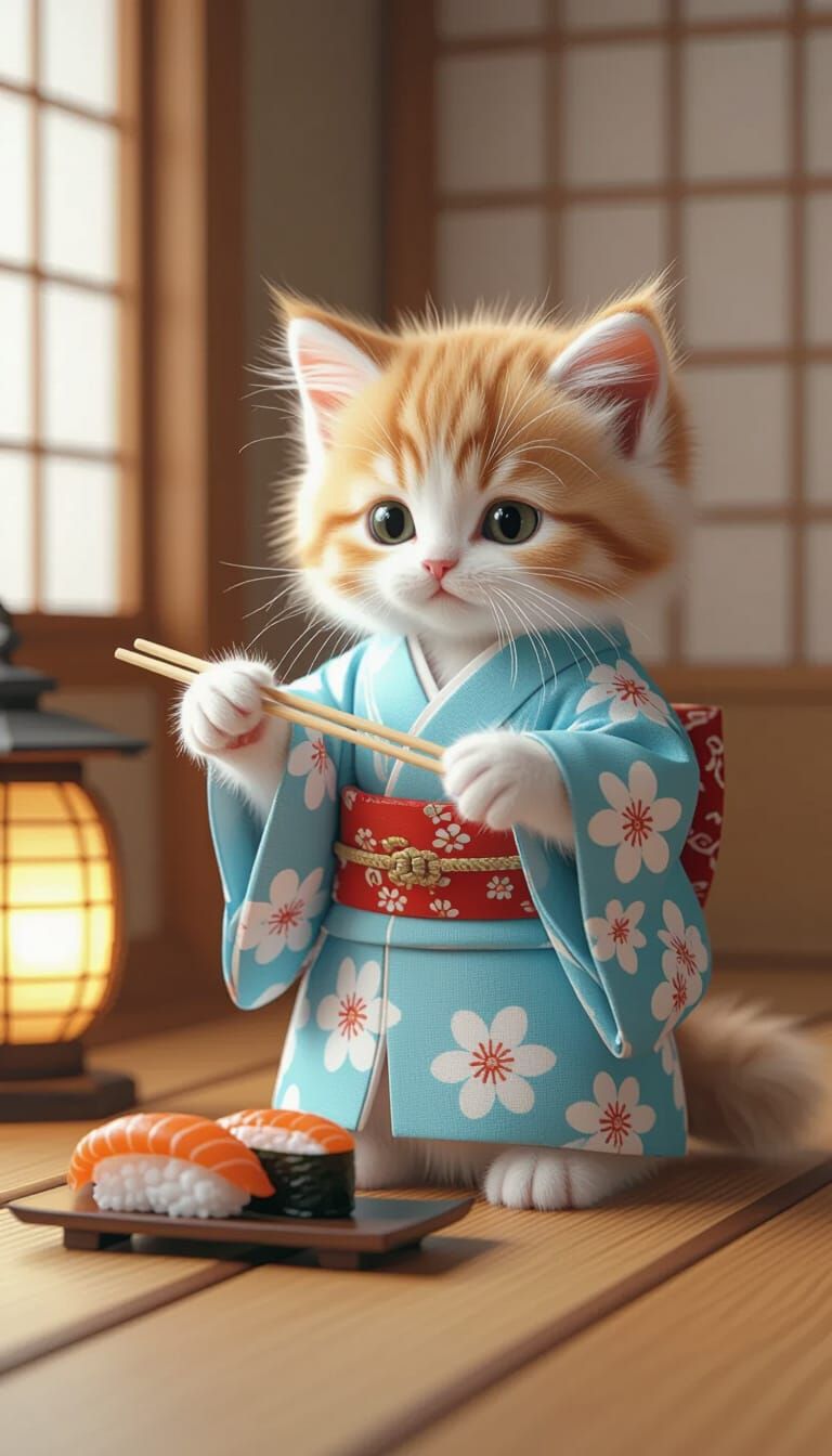 Kitten in Kimono Attempts Sushi Pick Up