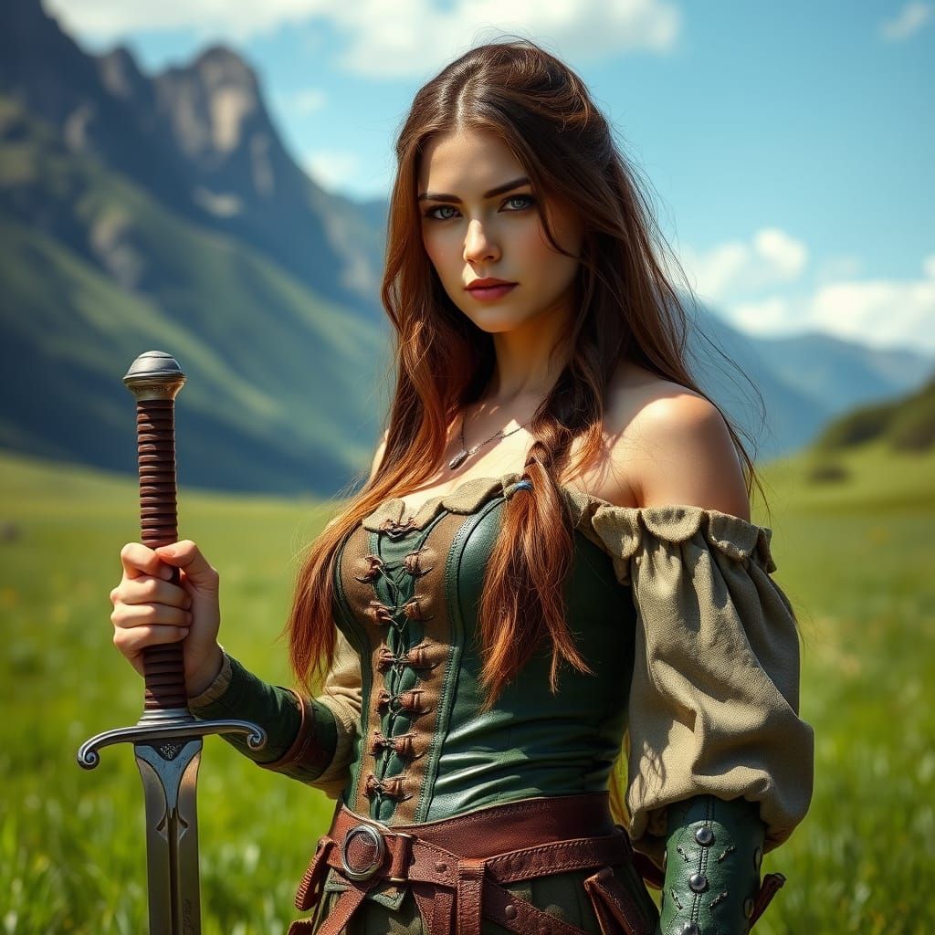 Medieval Fantasy Woman Warrior in Lush Green Field