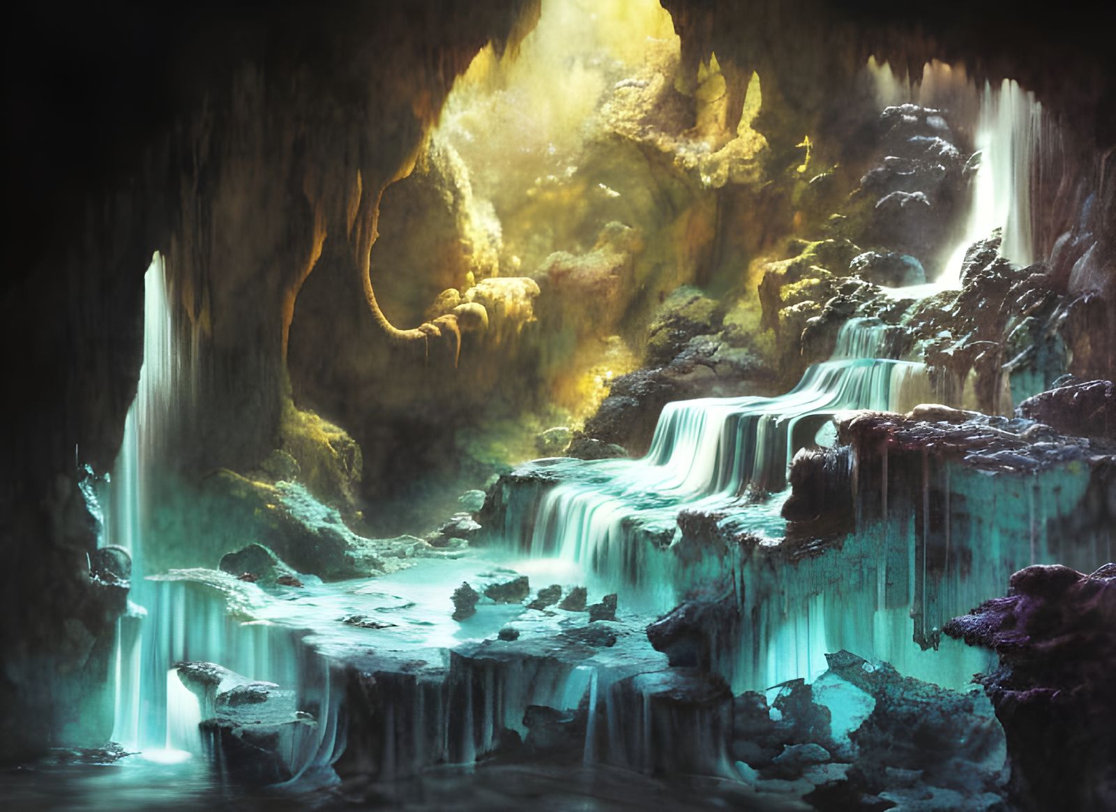 Expansive Cave with Waterfalls and Graffiti Art