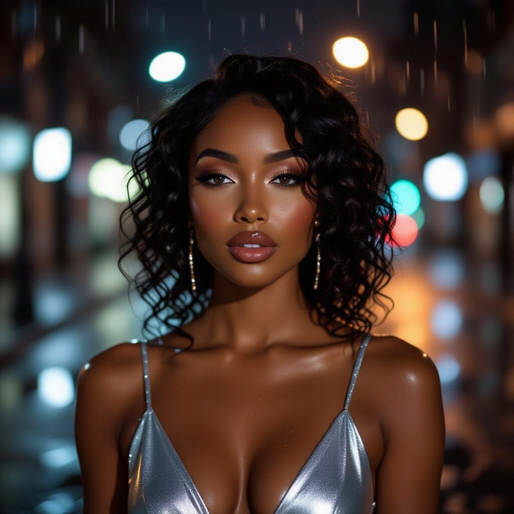 Beautiful Black Woman in Silver Dress Under City Streetlight