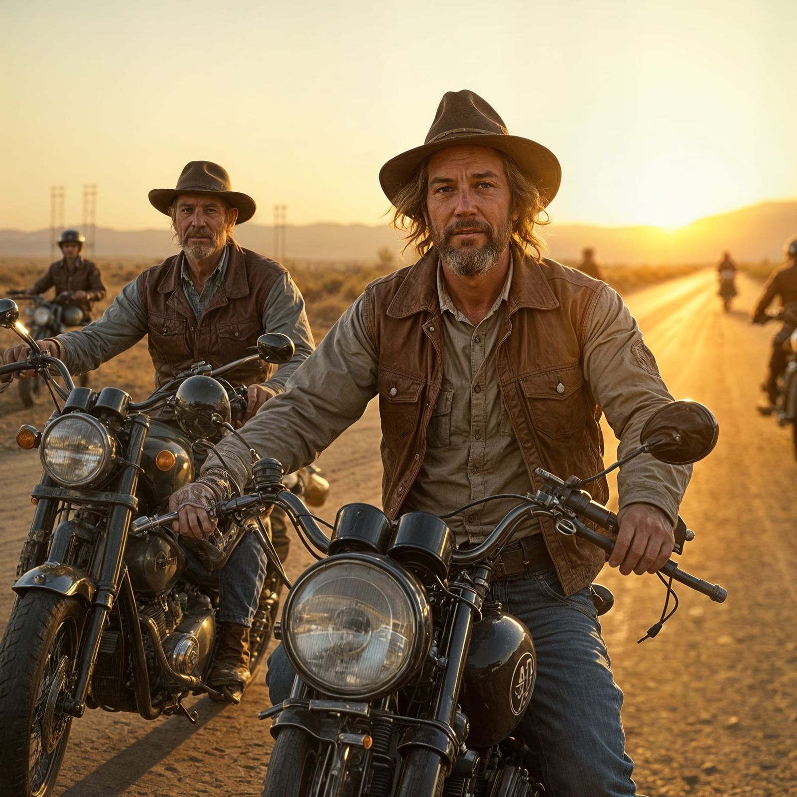 Photorealistic Motorcycle Riders on Desert Highway at Sunset