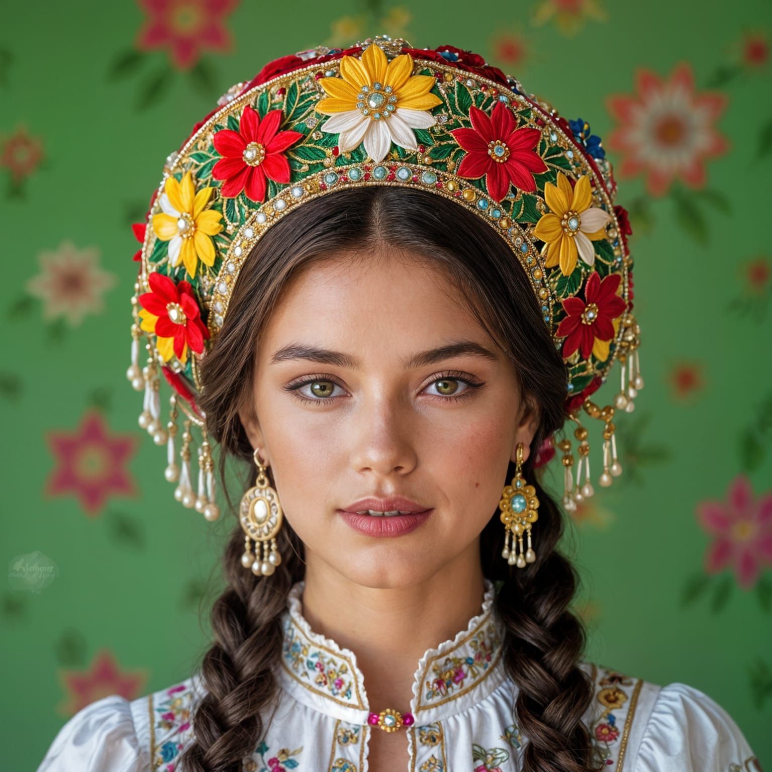 Ukrainian Woman in Elaborate Headdress Close-up