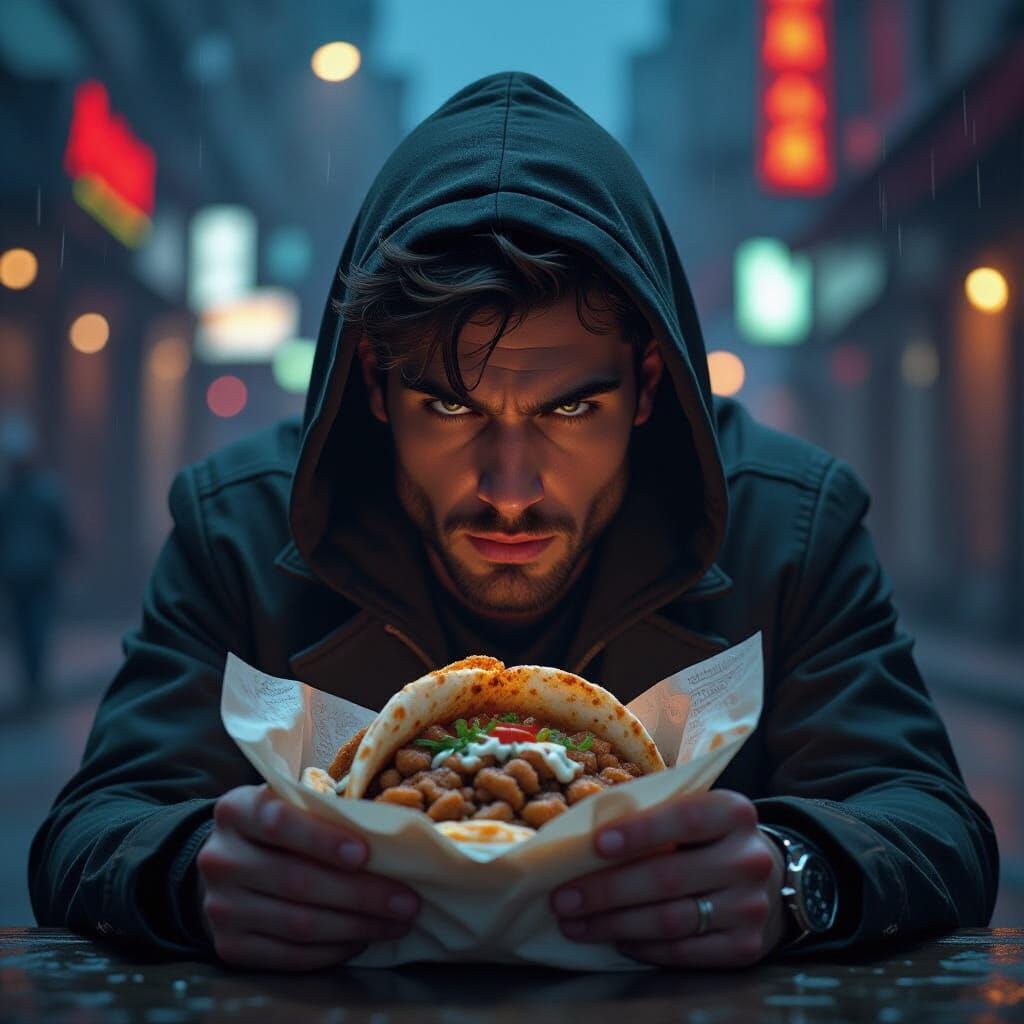 Suspicious Figure in Nighttime Shawarma Scene
