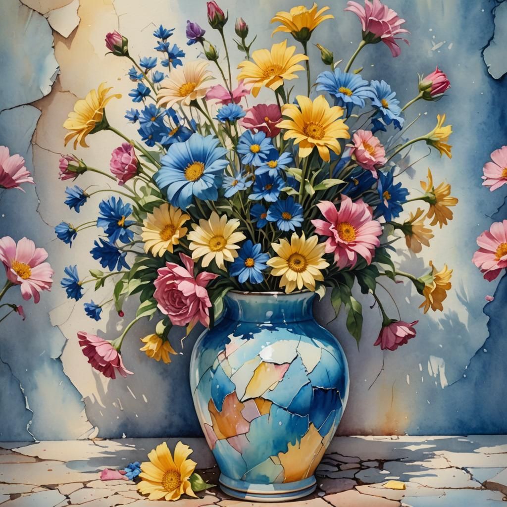 Colorful Flowers Bloom From Broken Vase: Watercolor Art