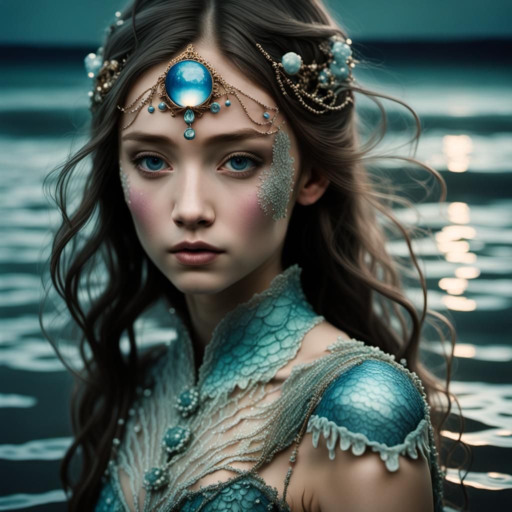 Mermaid Emerges from Ocean in Romantic Style